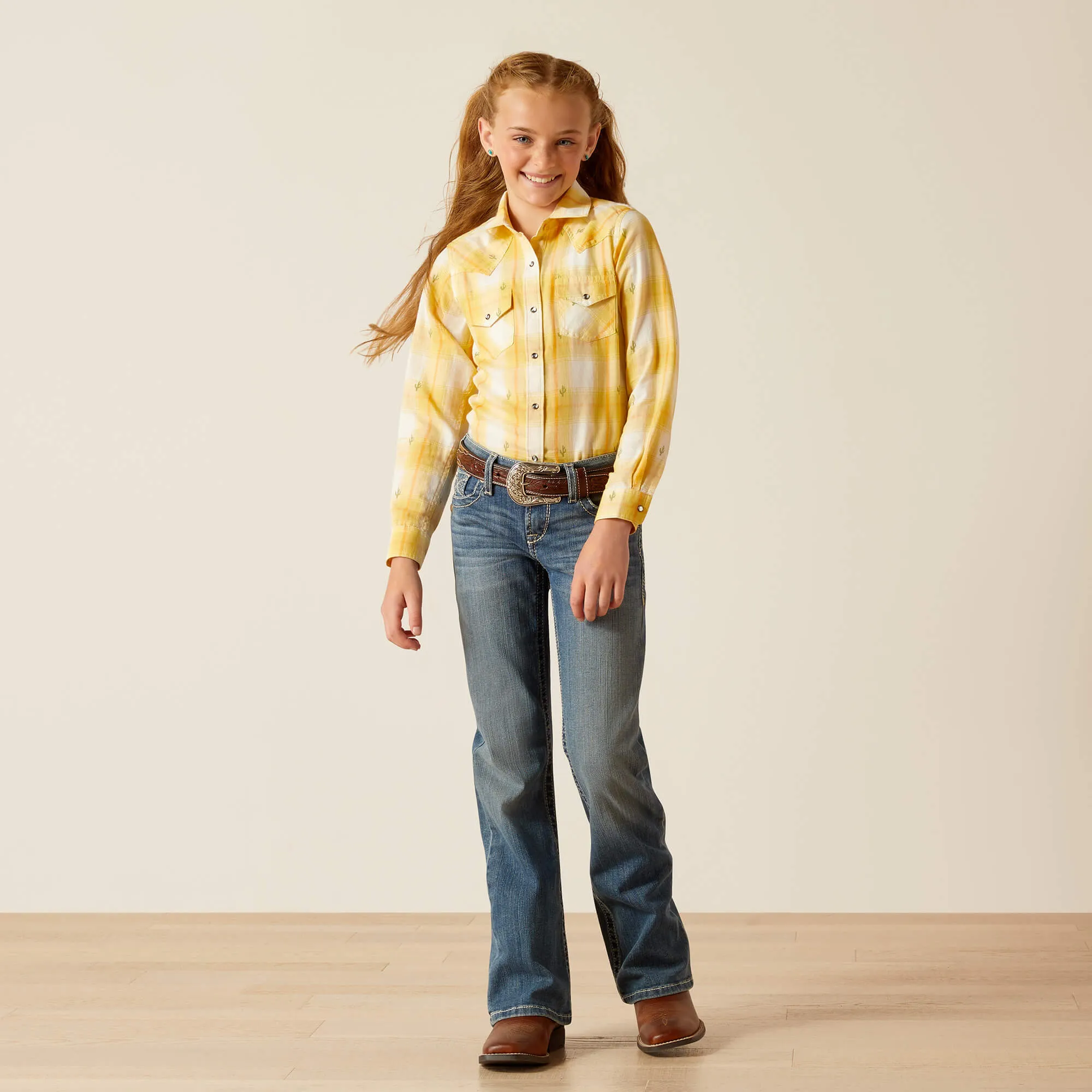 Ariat Girl's Glenrock Western Snap Shirt in Cactus Dobby