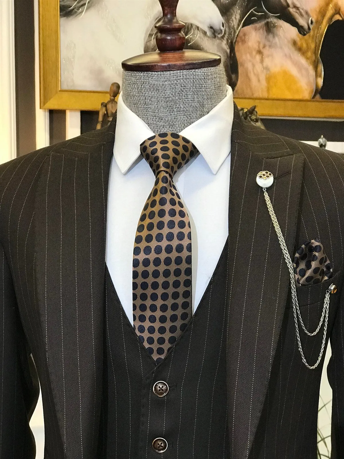 Bojoni Brown Striped Slim-Fit Suit 3-Piece