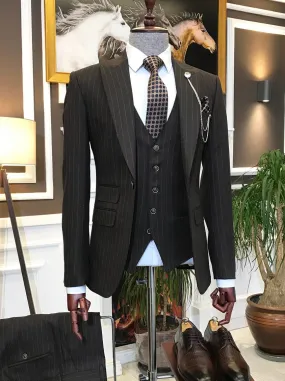 Bojoni Brown Striped Slim-Fit Suit 3-Piece