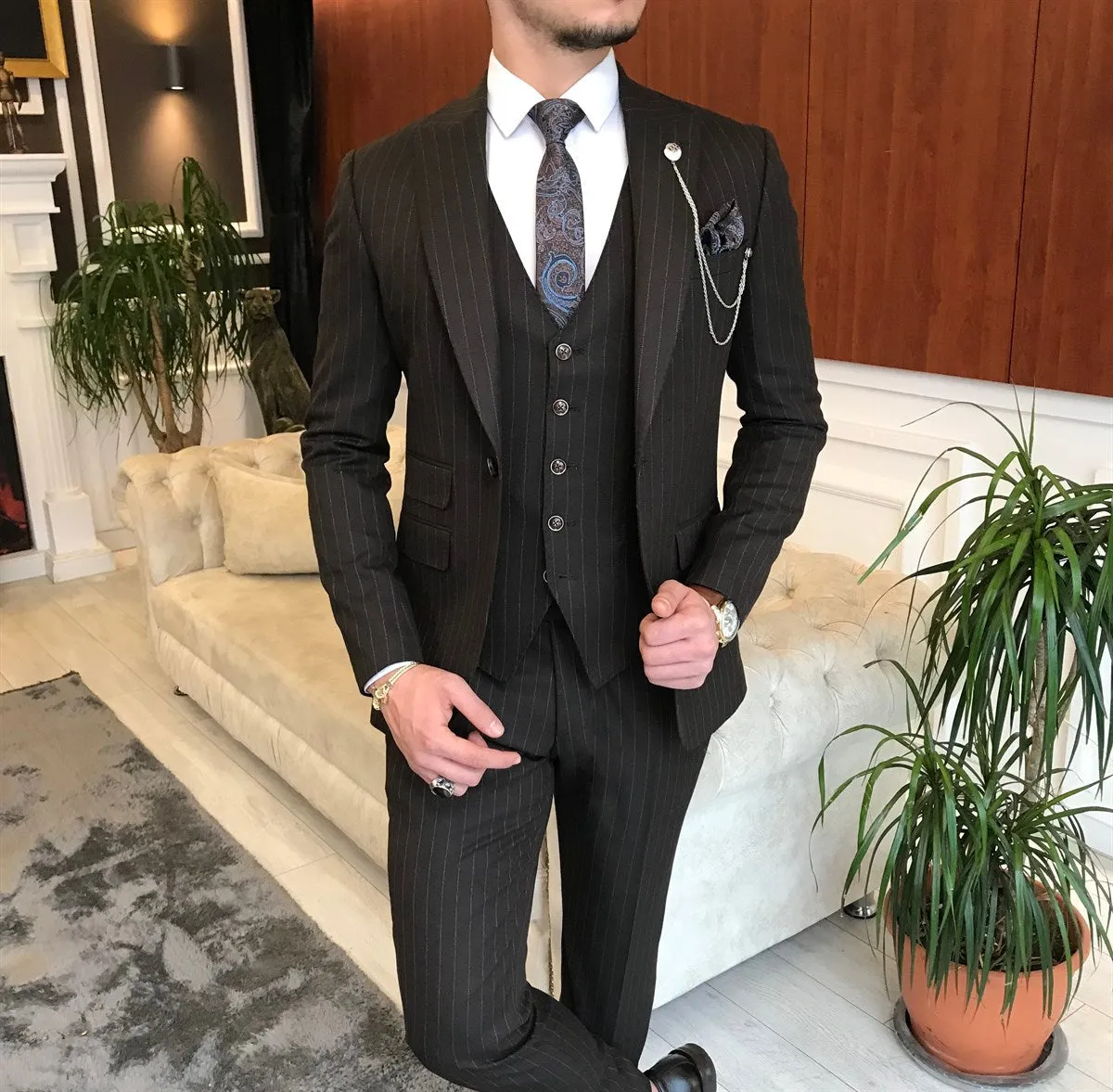 Bojoni Brown Striped Slim-Fit Suit 3-Piece