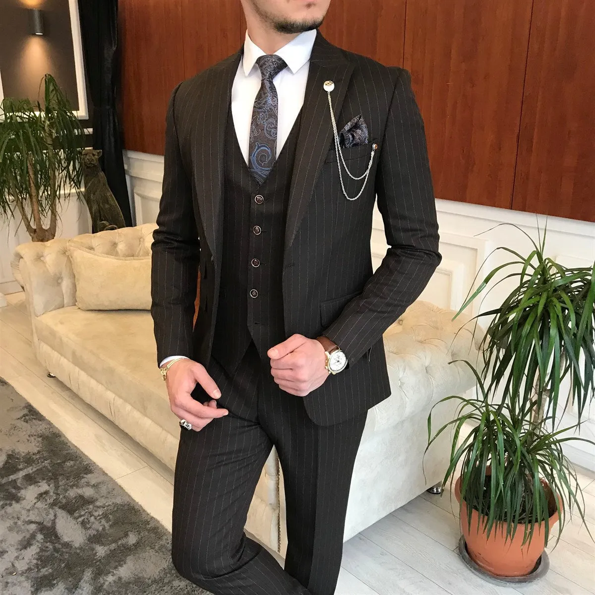 Bojoni Brown Striped Slim-Fit Suit 3-Piece