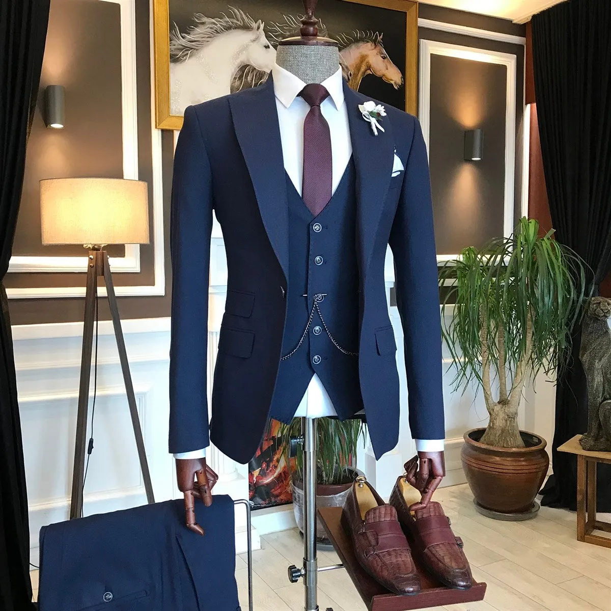 Bojoni Navy Striped Slim-Fit Suit 3-Piece