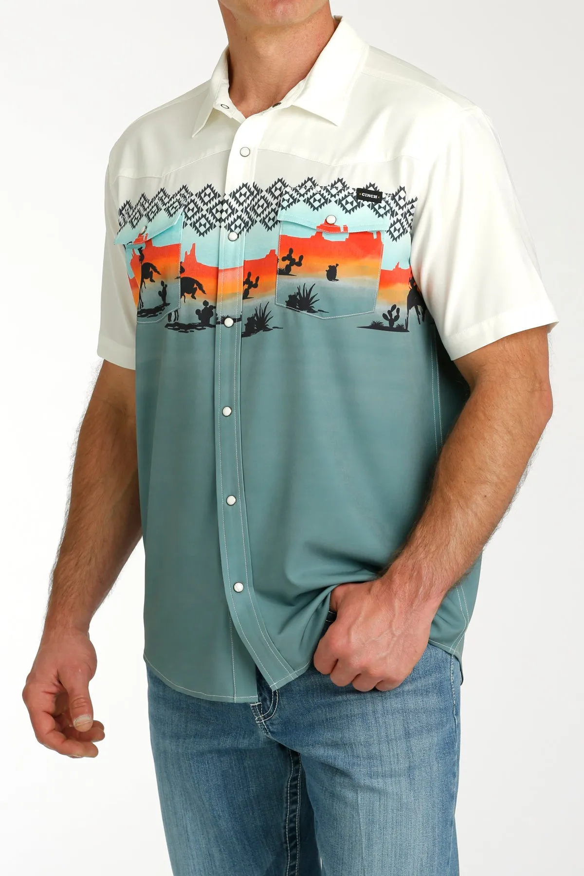 Cinch Men's Southwest Desert Rider Short Sleeve Camp Shirt in Blue & Cream