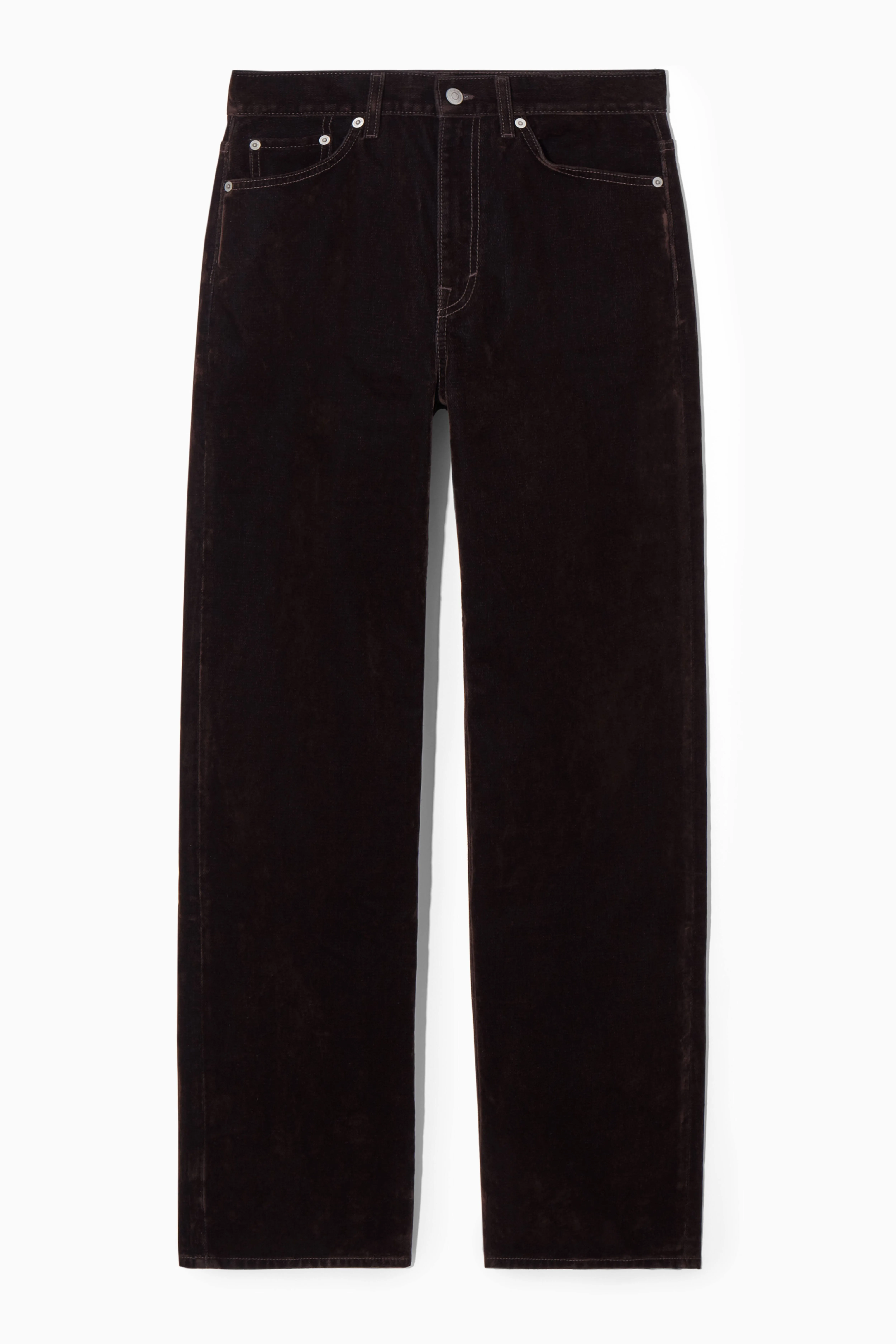 COLUMN FLOCKED-DENIM JEANS - STRAIGHT - High waist - Long - DARK BROWN - Ladies | H&M GB