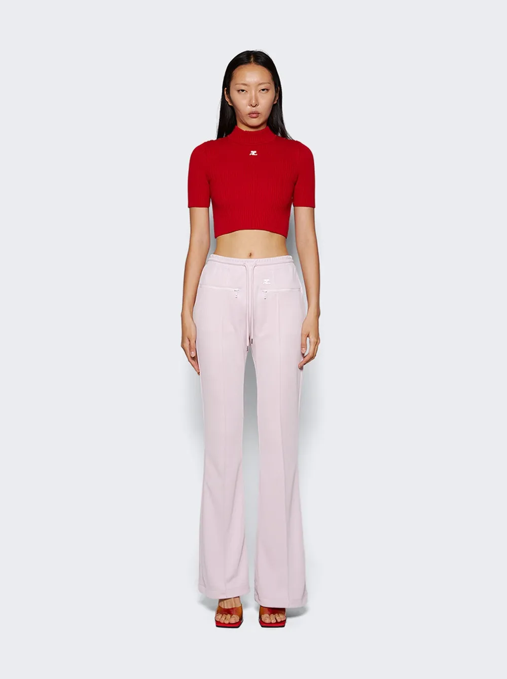 Courrèges   Shoulder Snaps Rib Knit Cropped Sweater Top Currant Red 