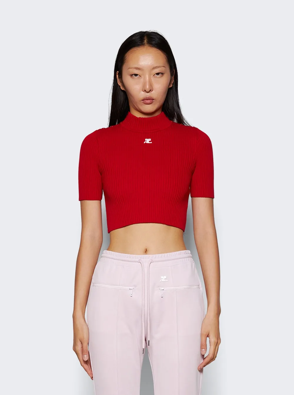 Courrèges   Shoulder Snaps Rib Knit Cropped Sweater Top Currant Red 