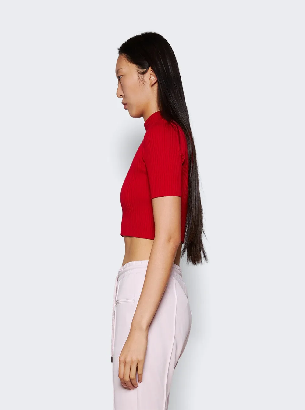 Courrèges   Shoulder Snaps Rib Knit Cropped Sweater Top Currant Red 