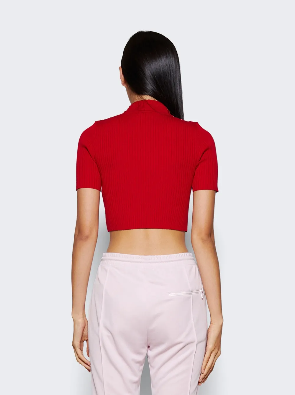 Courrèges   Shoulder Snaps Rib Knit Cropped Sweater Top Currant Red 