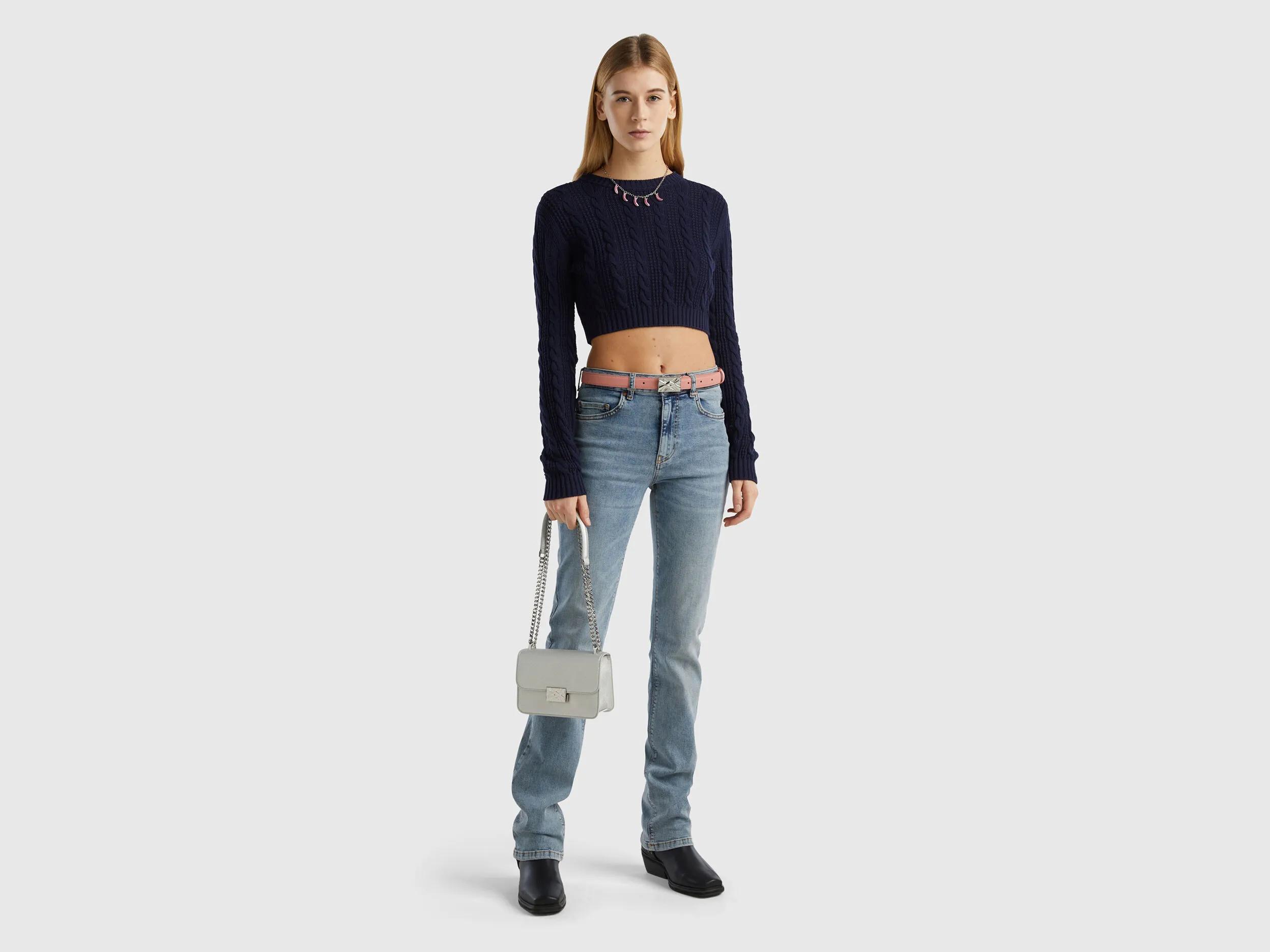 Cropped cable knit sweater - Dark Blue | Benetton