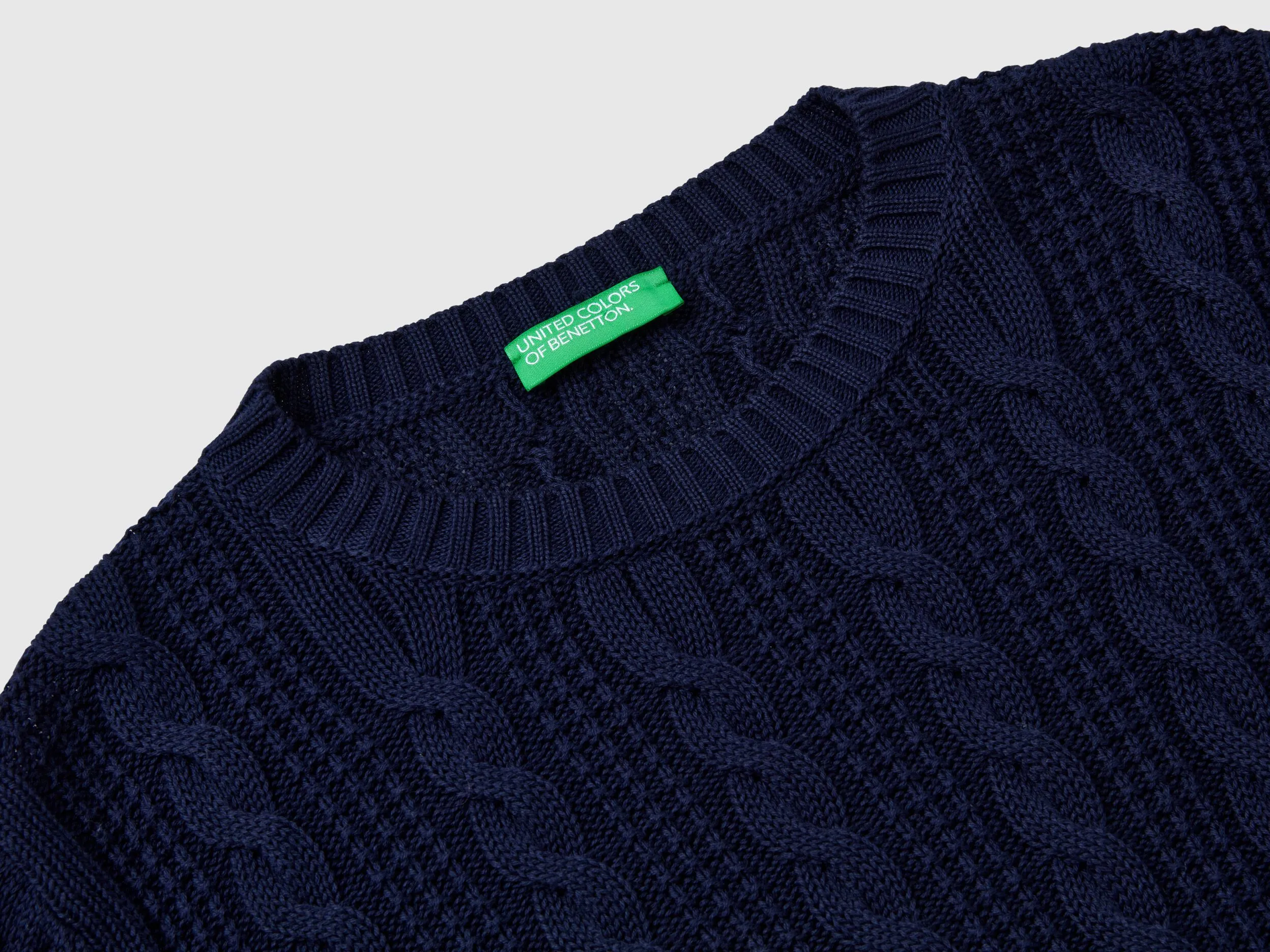 Cropped cable knit sweater - Dark Blue | Benetton