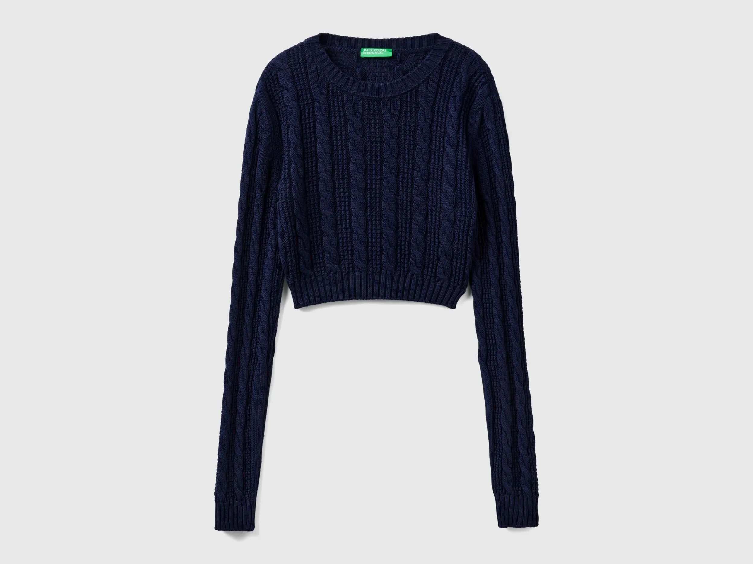 Cropped cable knit sweater - Dark Blue | Benetton