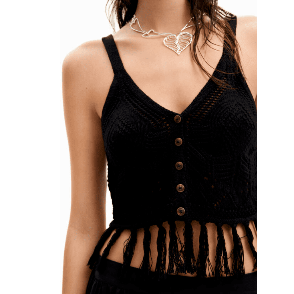 Desigual Crochet Crop Cardigan Fringe Top in Black