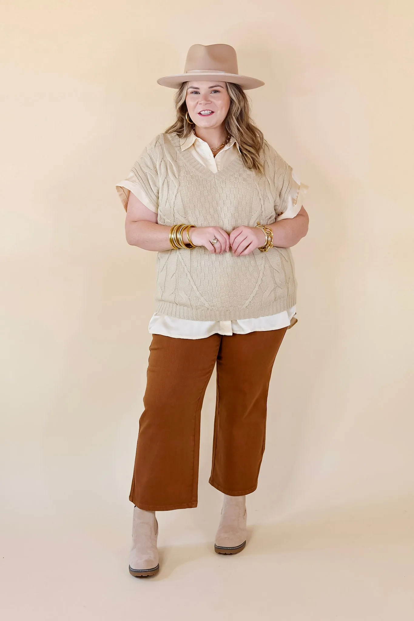 Dream On V Neck Cap Sleeve Sweater in Beige