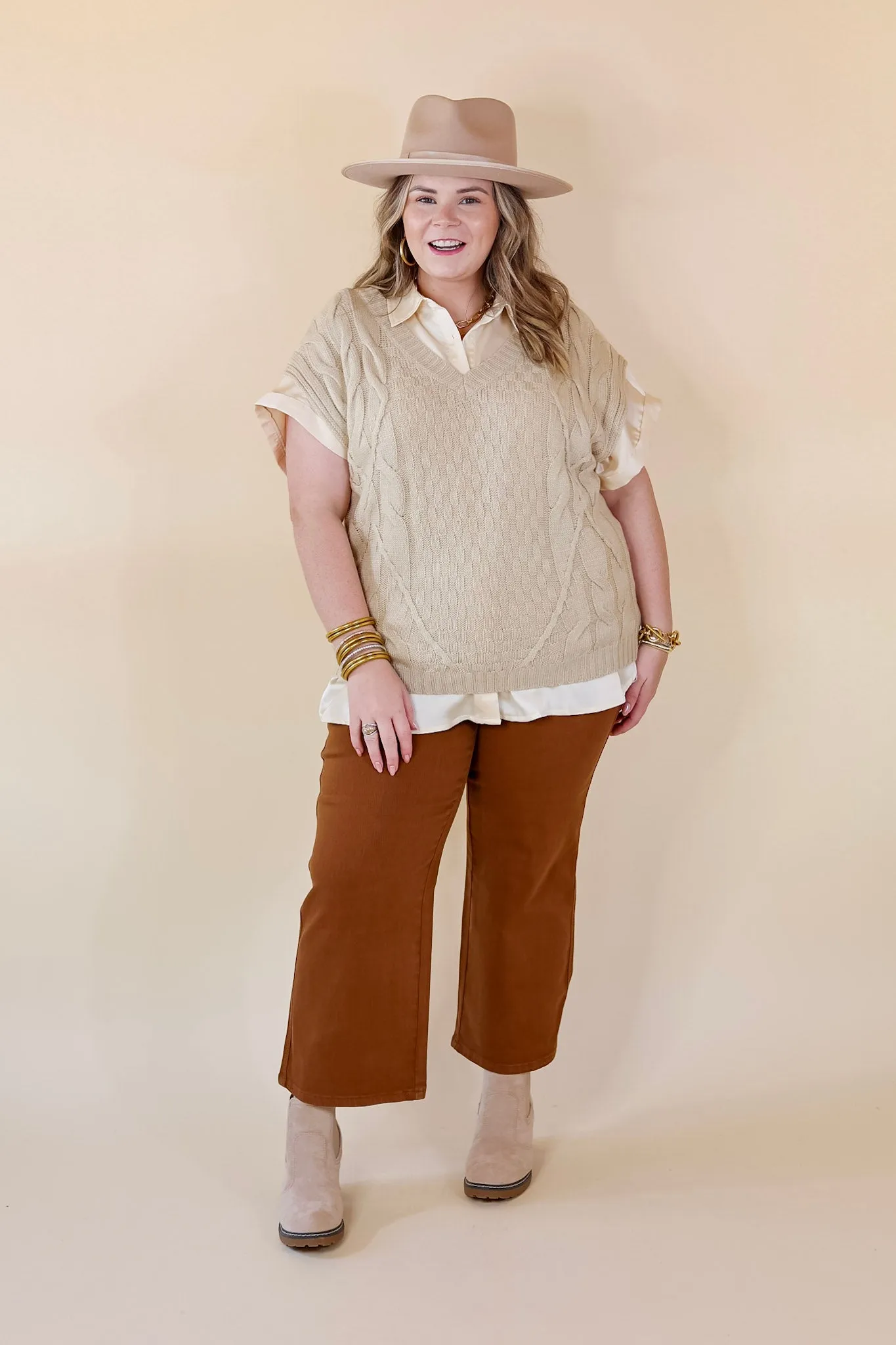 Dream On V Neck Cap Sleeve Sweater in Beige