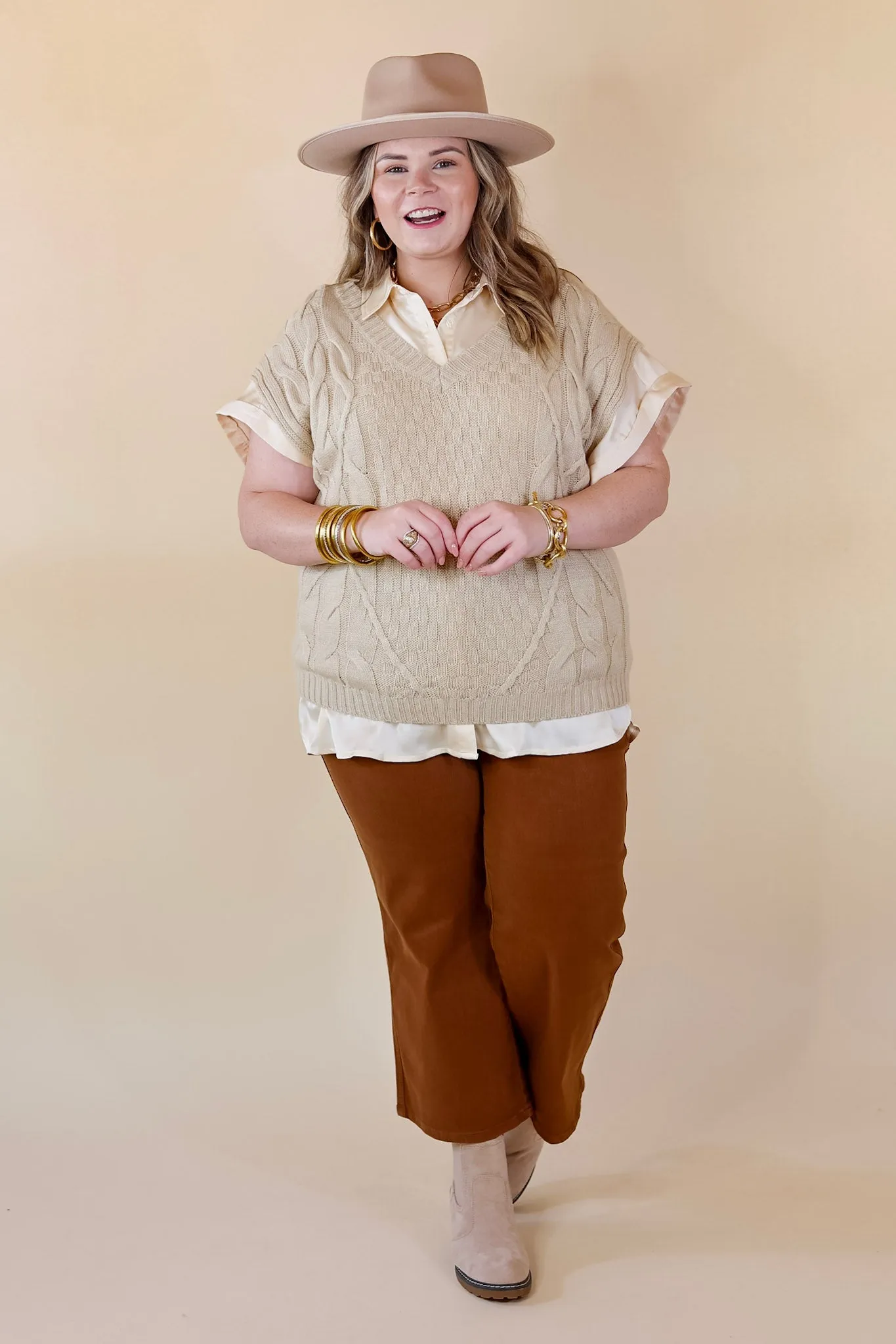 Dream On V Neck Cap Sleeve Sweater in Beige