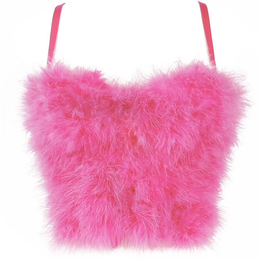 Faux Fur Solid Pink Performance Crop Top To Wear Out Autumn Corset Tops Women Bra Push Up Bustier