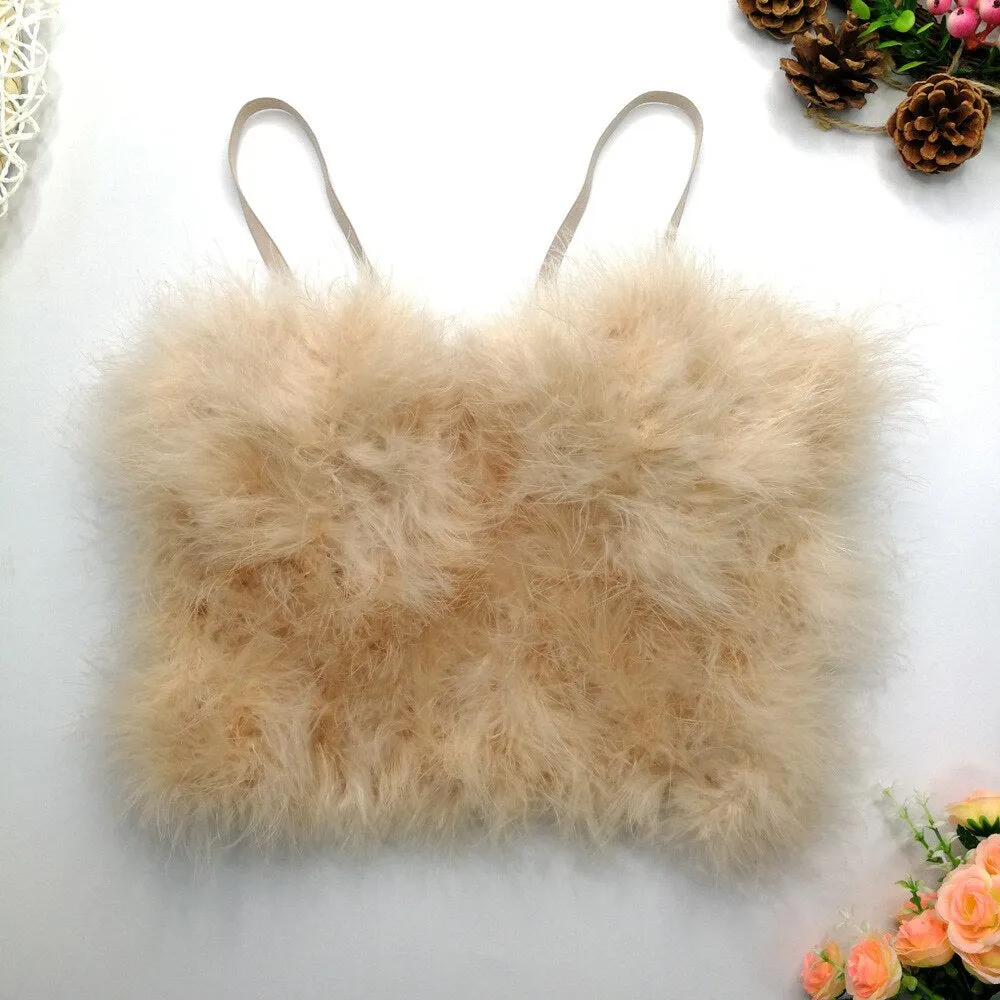 Faux Fur Solid Pink Performance Crop Top To Wear Out Autumn Corset Tops Women Bra Push Up Bustier