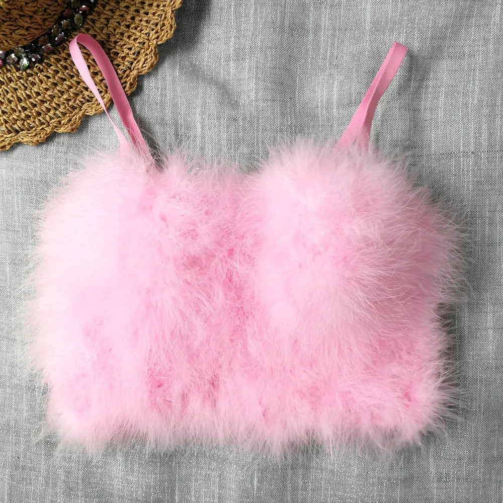 Faux Fur Solid Pink Performance Crop Top To Wear Out Autumn Corset Tops Women Bra Push Up Bustier