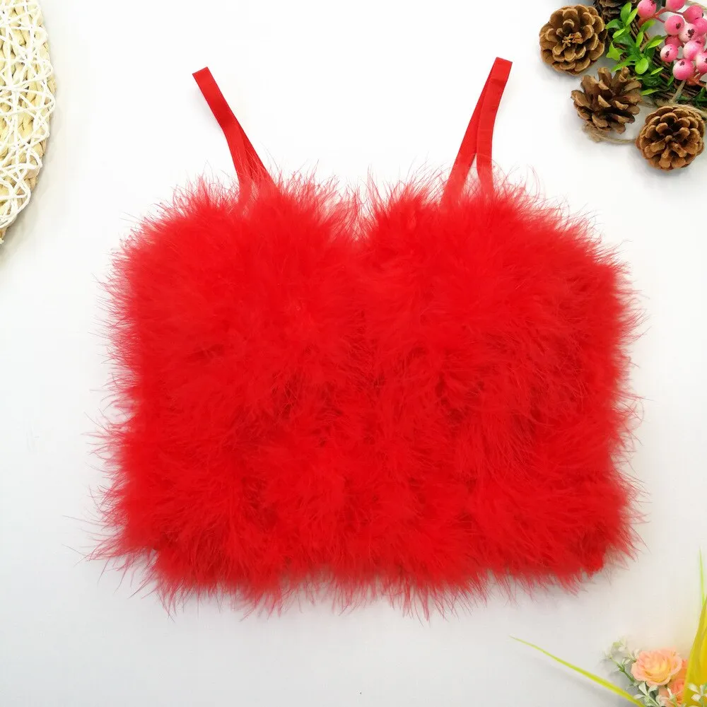 Faux Fur Solid Pink Performance Crop Top To Wear Out Autumn Corset Tops Women Bra Push Up Bustier