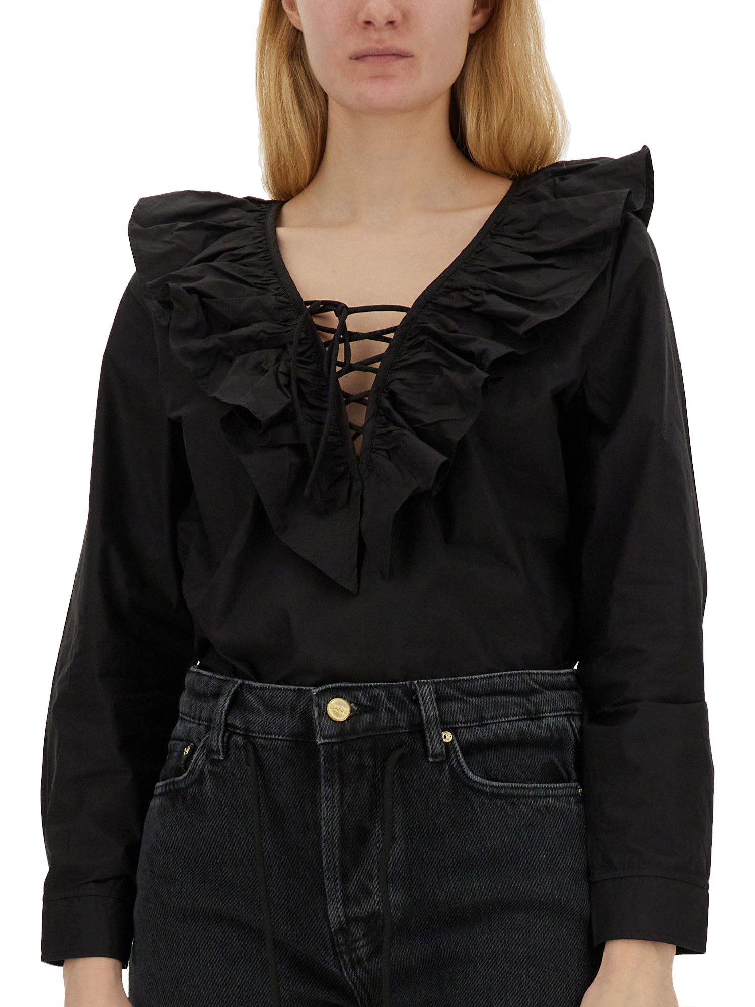 GANNI    COTTON POPLIN RUFFLED BLOUSE