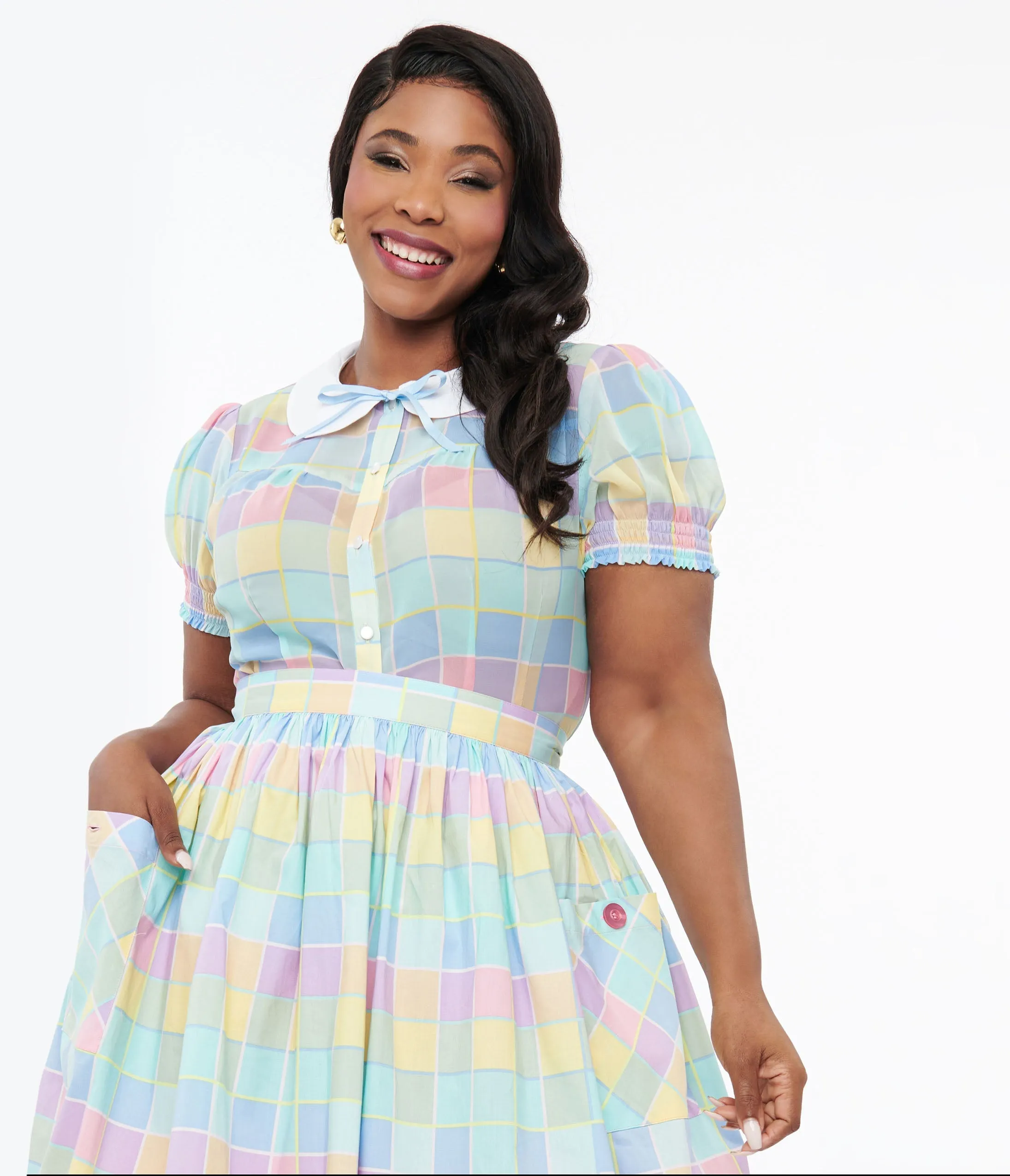 Hell Bunny Plus Size 1950s Pastel Check Collared Skye Blouse