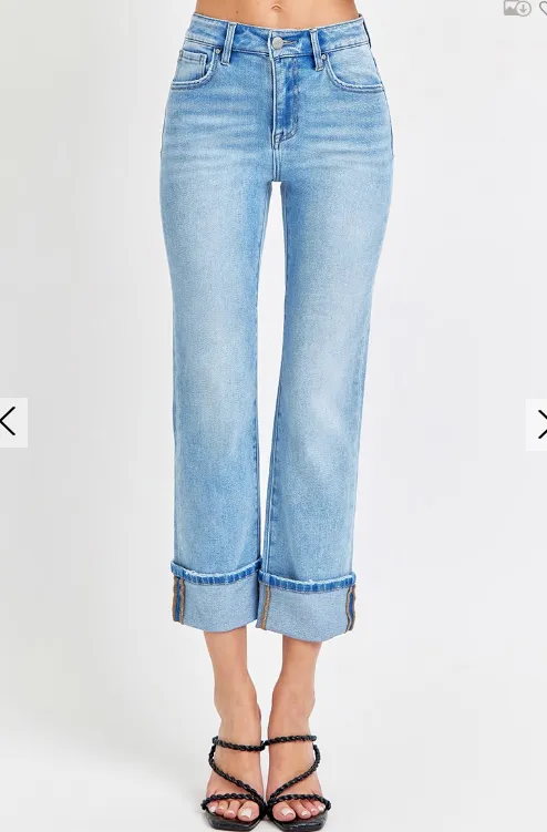 High Rise Ankle Straight Cuffed Jeans in Light