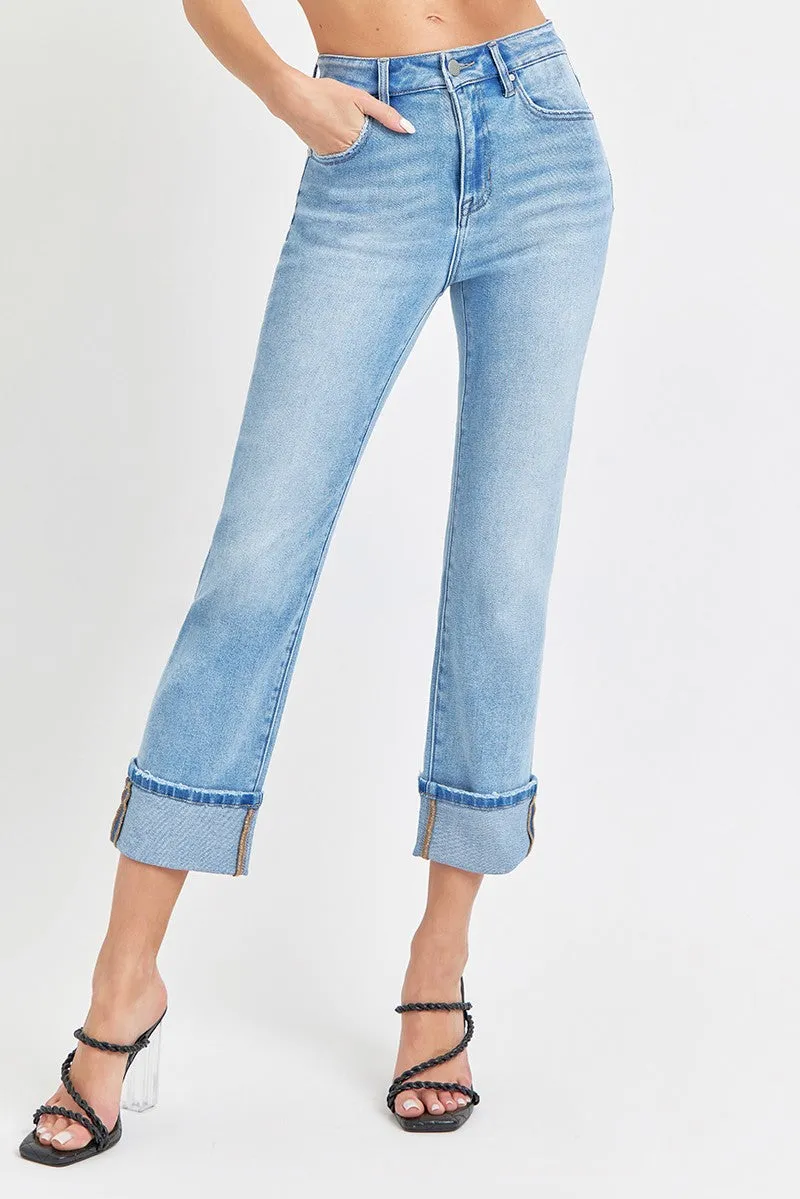 High Rise Ankle Straight Cuffed Jeans in Light