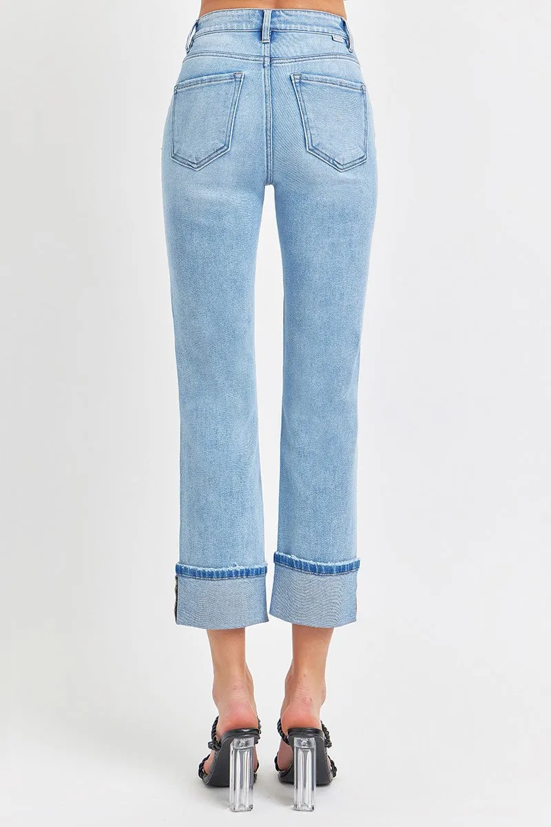 High Rise Ankle Straight Cuffed Jeans in Light