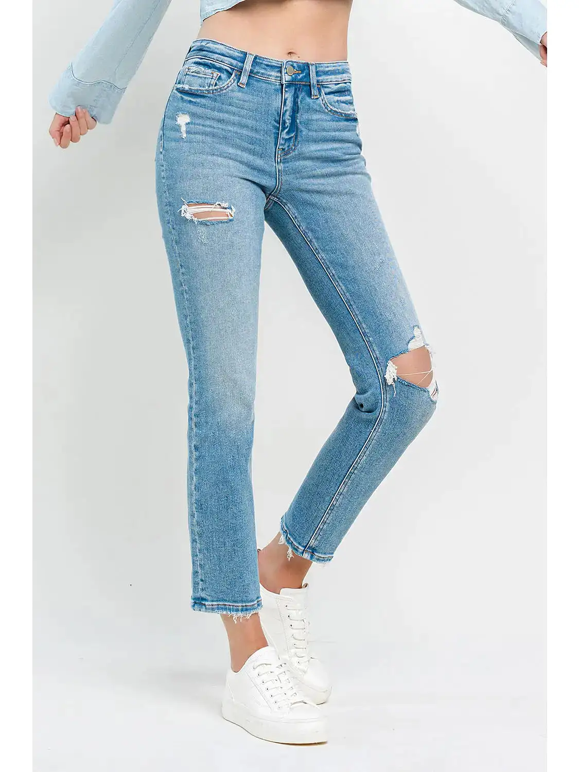 High Rise Crop Distressed Slim Straight Jeans - Flying Monkey