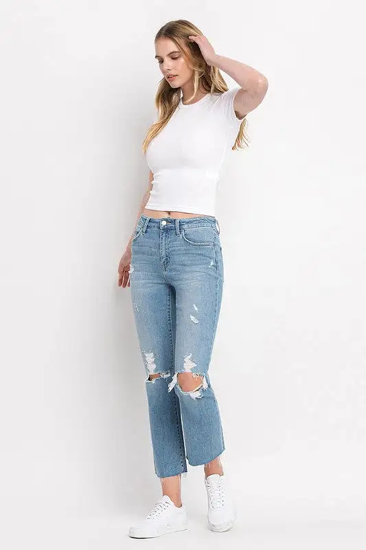 High Rise Distressed Cropped Straight Jeans