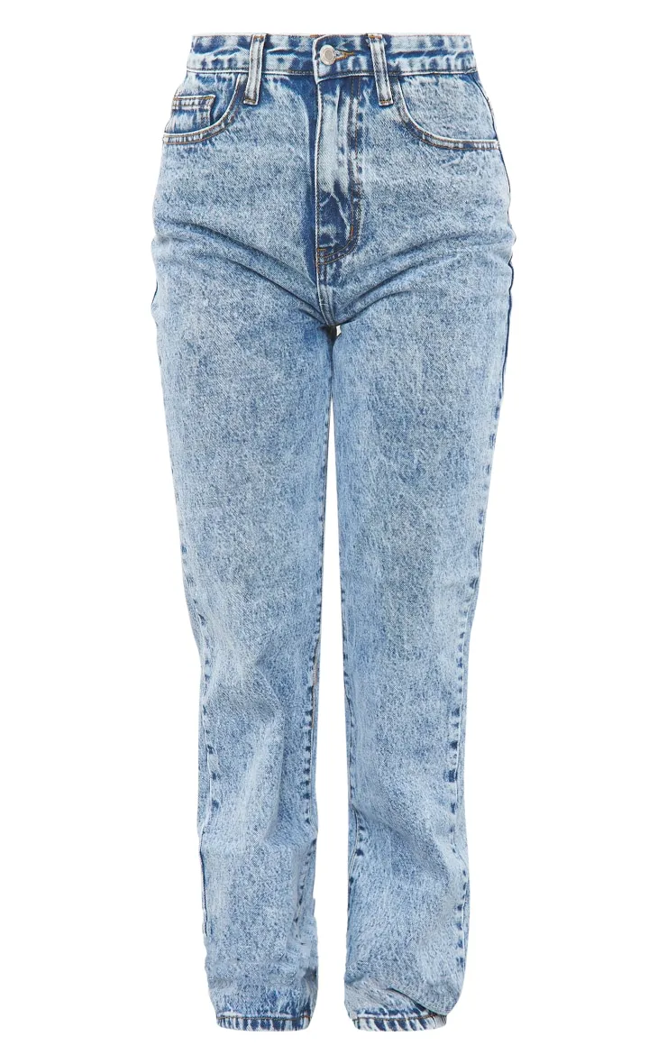 Mid Blue Acid Wash High Waist Straight Leg Jeans