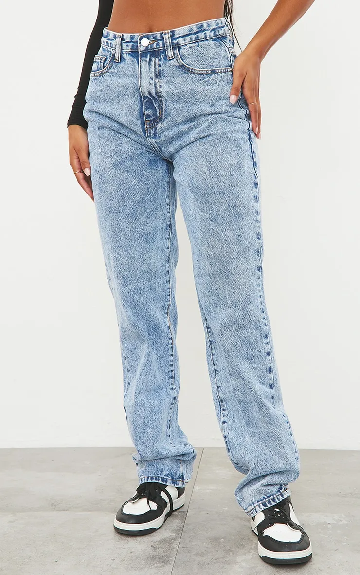 Mid Blue Acid Wash High Waist Straight Leg Jeans