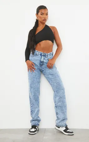 Mid Blue Acid Wash High Waist Straight Leg Jeans