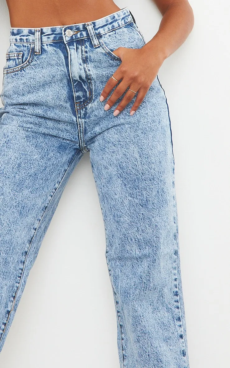 Mid Blue Acid Wash High Waist Straight Leg Jeans