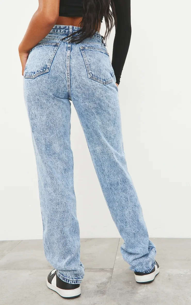 Mid Blue Acid Wash High Waist Straight Leg Jeans