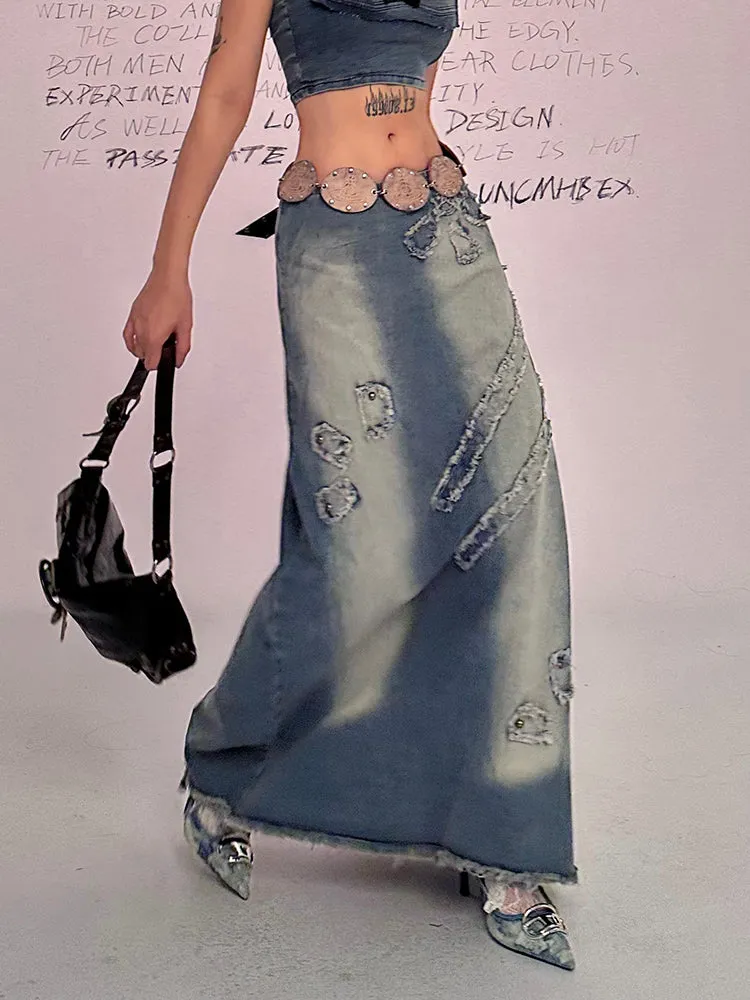 Mila Denim Blue Washed Vintage Patchwork Frayed A-Line Long Jeans Skirt