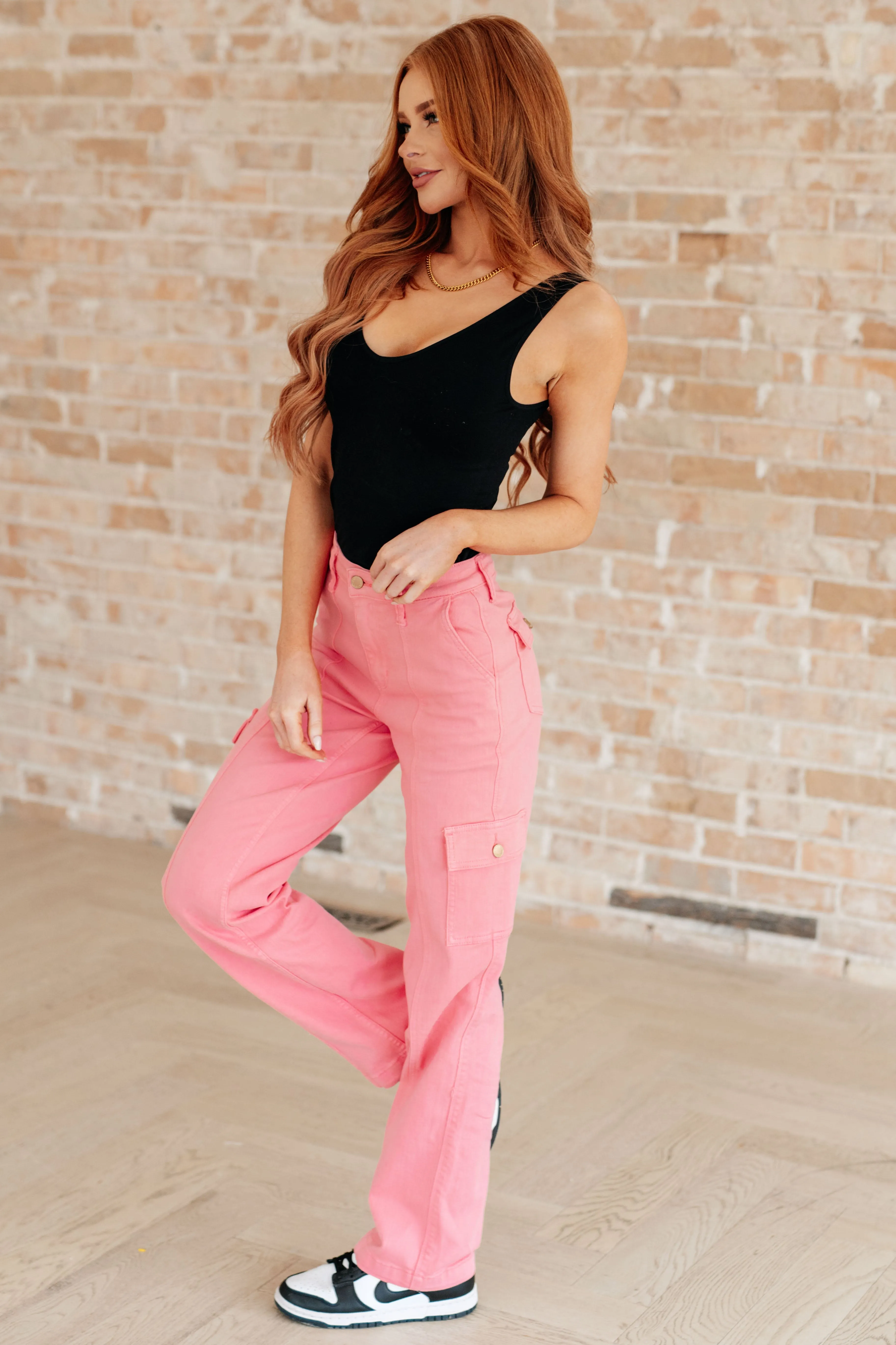 Peggy High Rise Cargo Straight Jeans in Pink