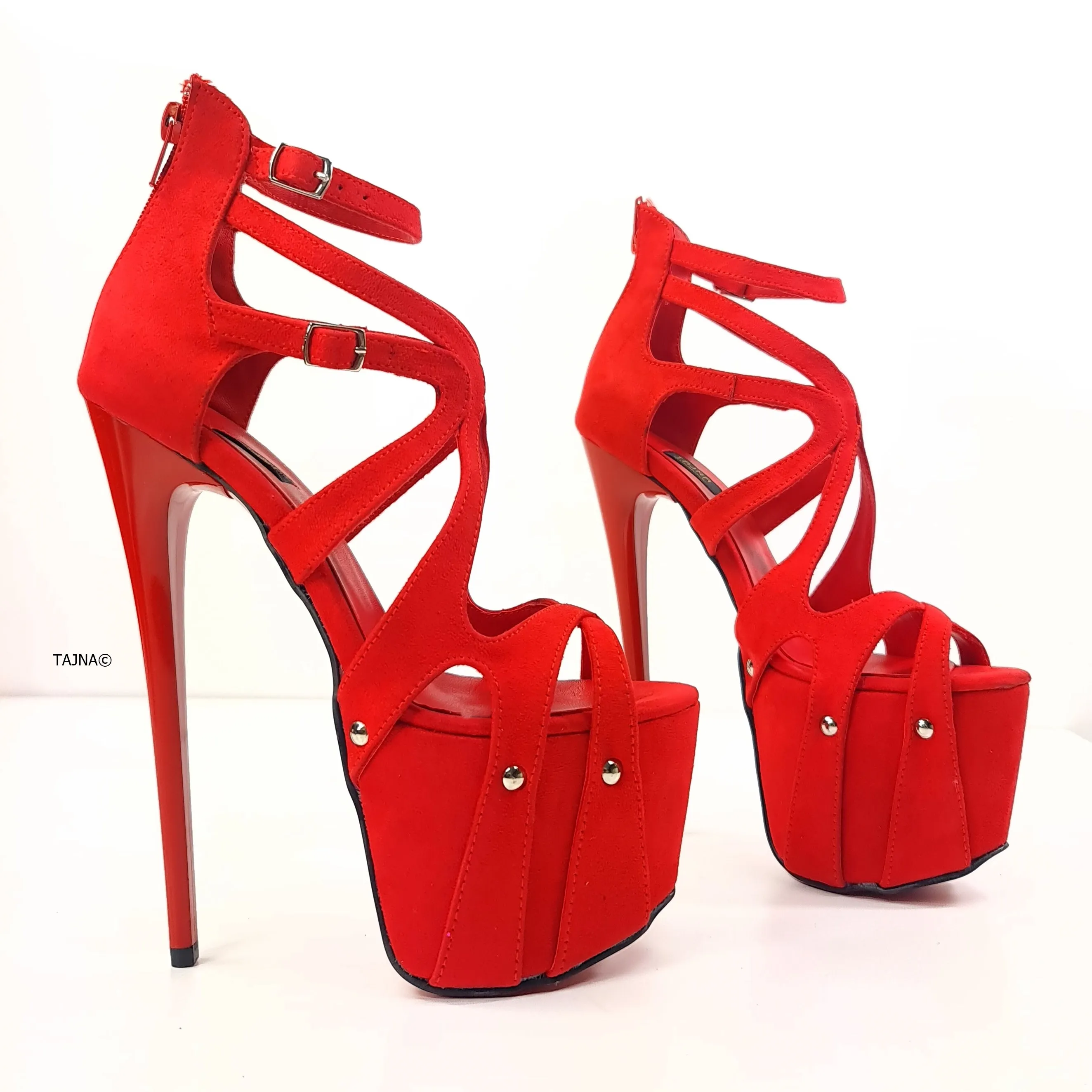 Pencil Heel Red Suede Lazer Cage Platforms