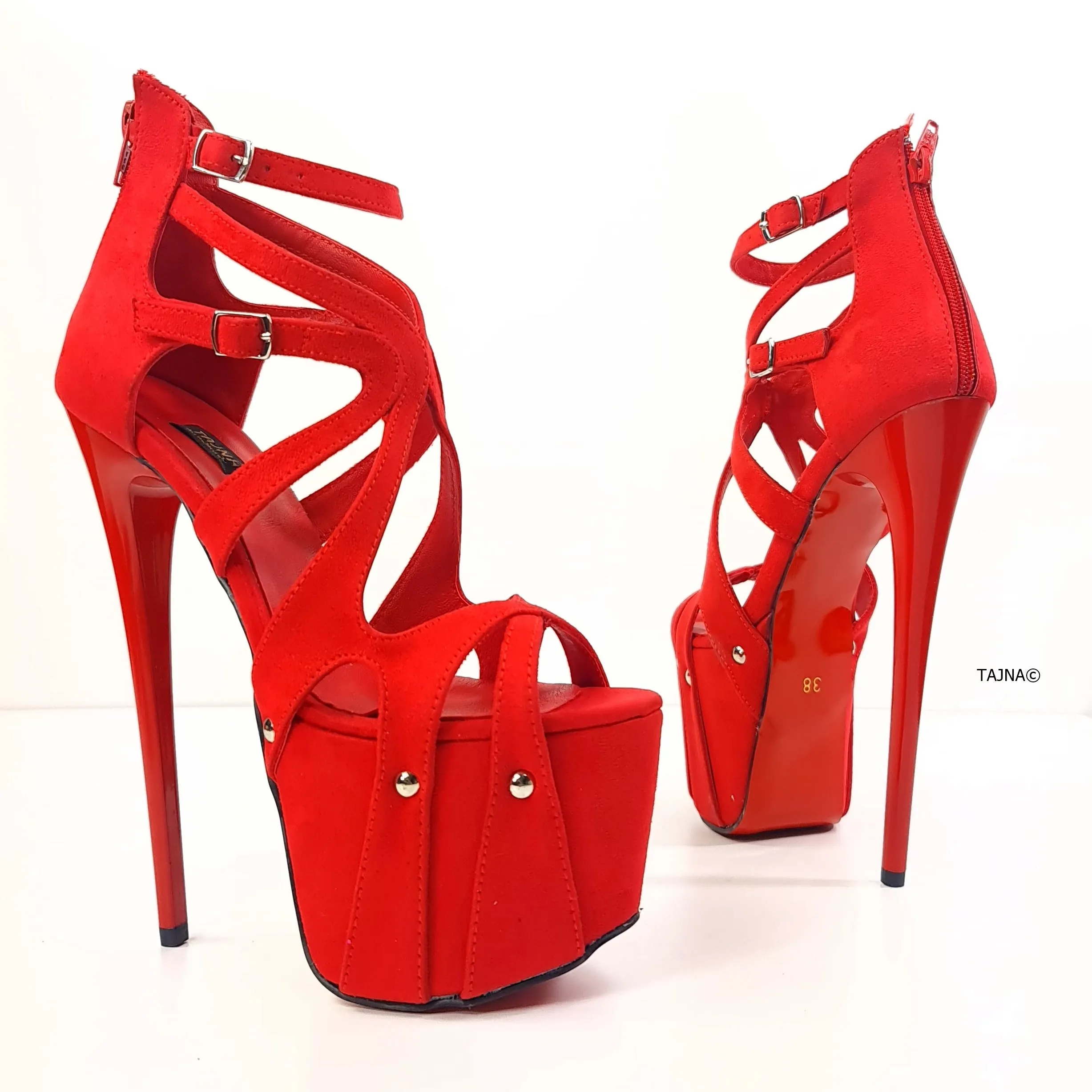 Pencil Heel Red Suede Lazer Cage Platforms