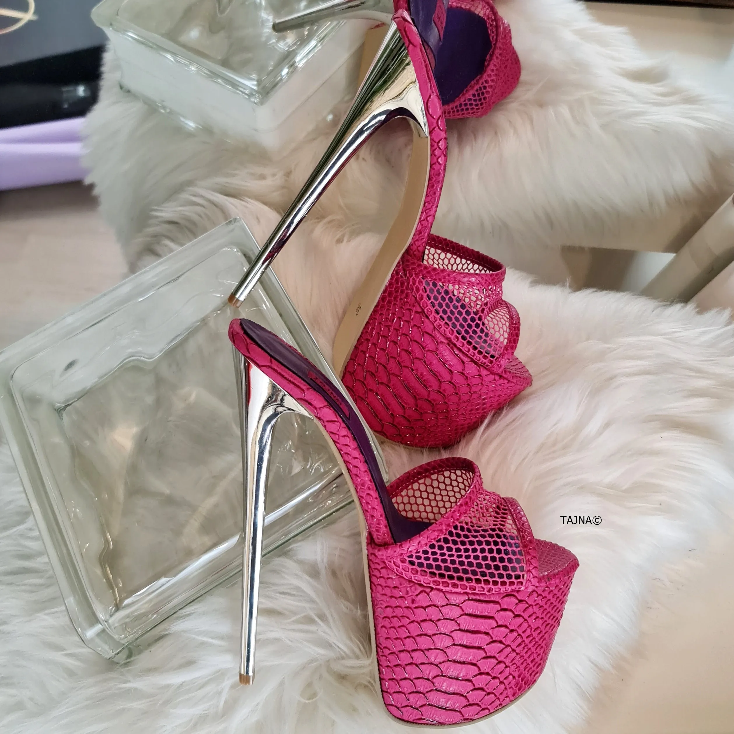 Pink Croco Fishnet Metallic High Heel Mules