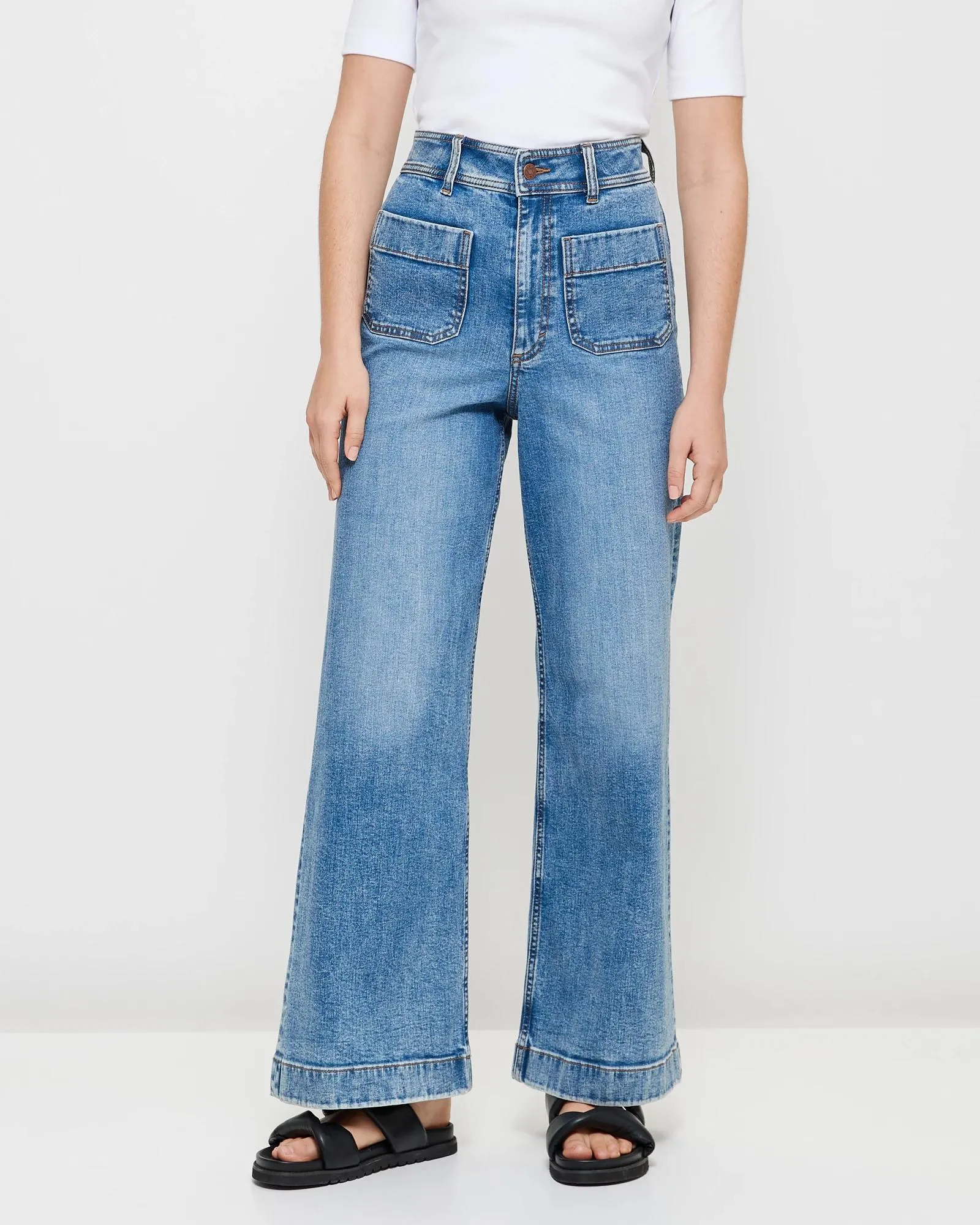 popular  Mila Wide Leg High Rise Full Length Flat Front Denim Jeans - Pacific Blue