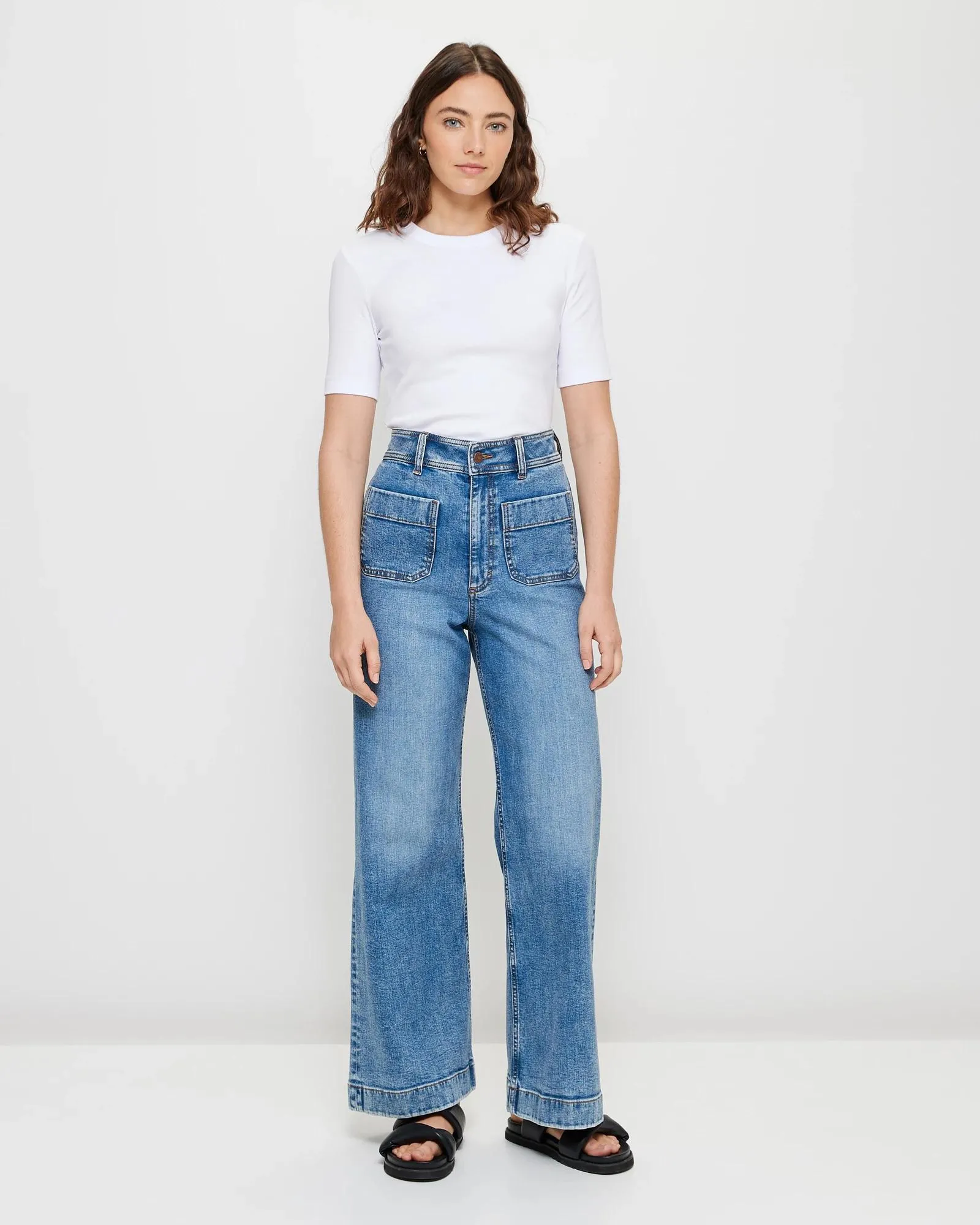 popular  Mila Wide Leg High Rise Full Length Flat Front Denim Jeans - Pacific Blue