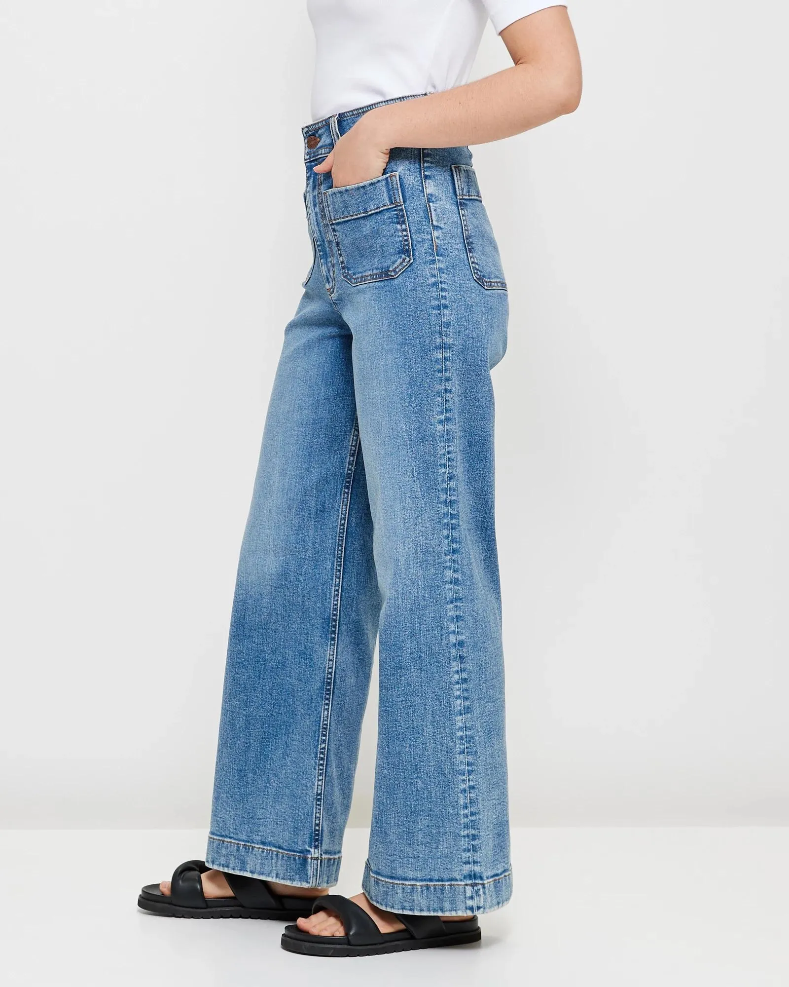 popular  Mila Wide Leg High Rise Full Length Flat Front Denim Jeans - Pacific Blue