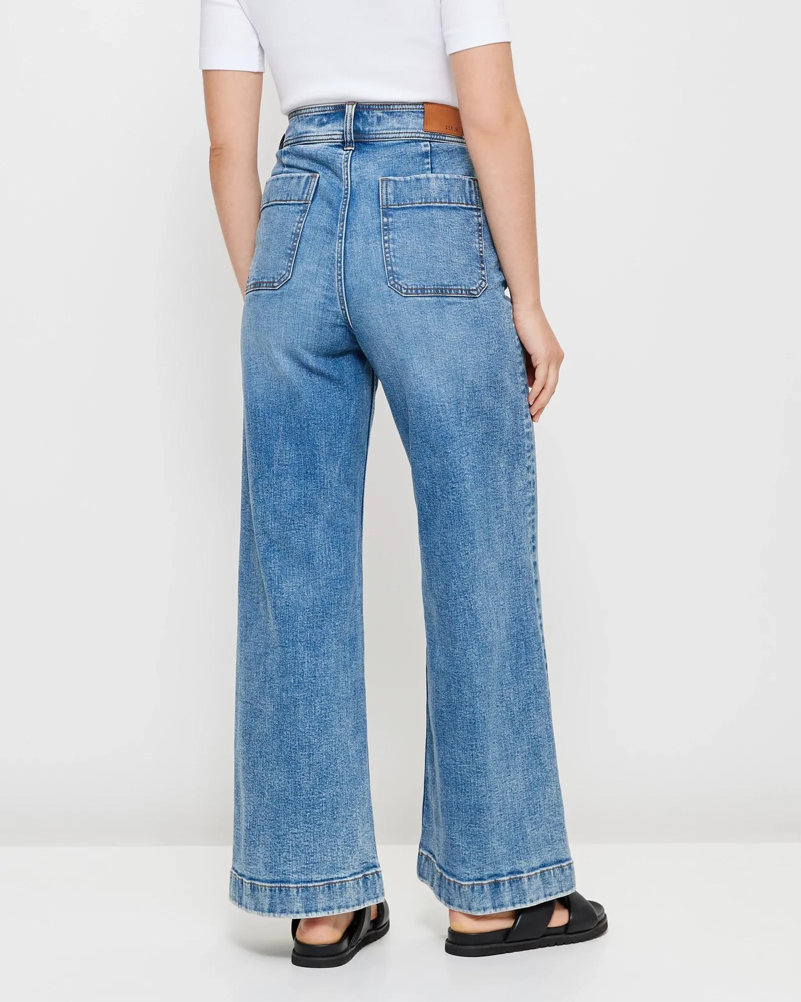 popular  Mila Wide Leg High Rise Full Length Flat Front Denim Jeans - Pacific Blue