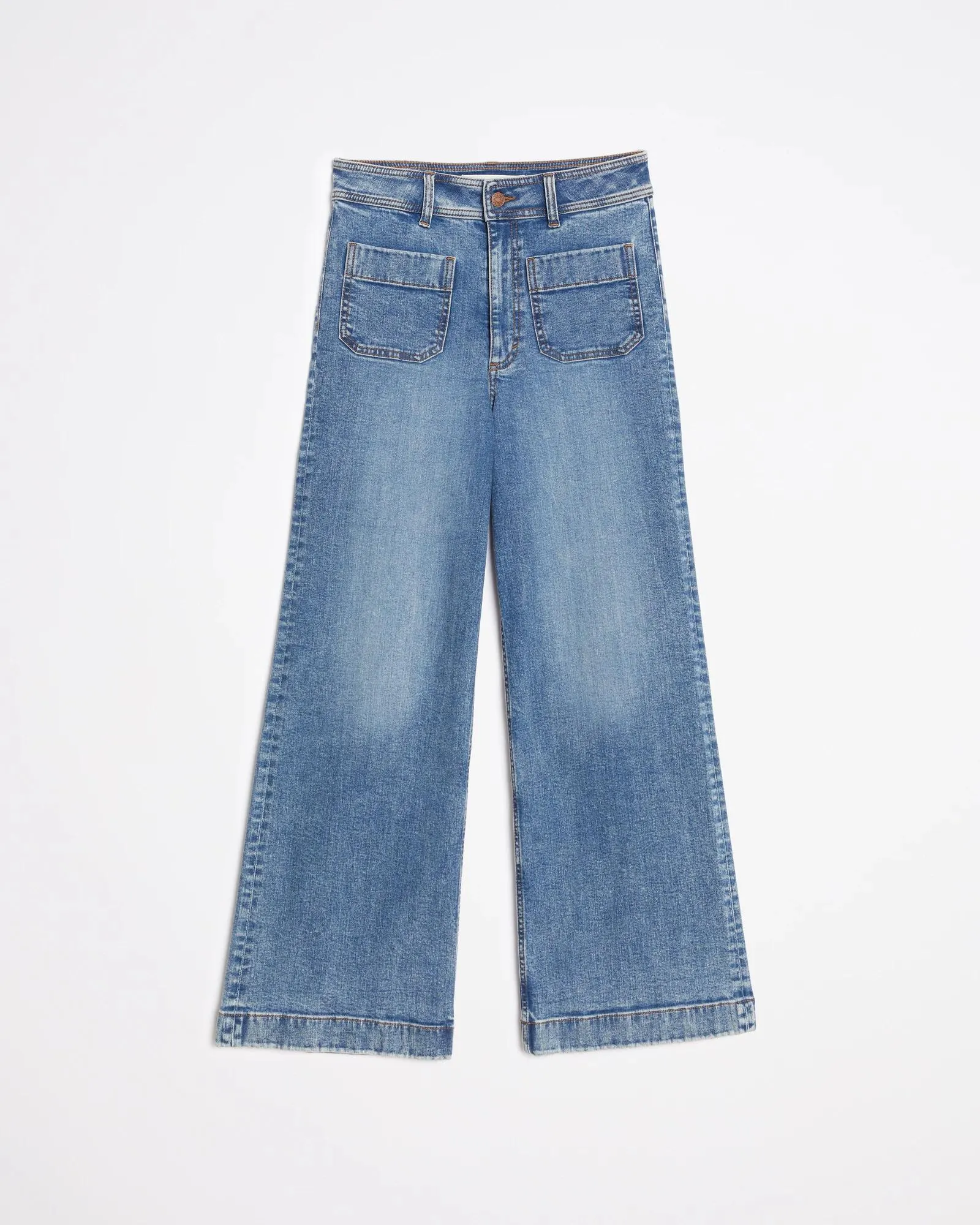 popular  Mila Wide Leg High Rise Full Length Flat Front Denim Jeans - Pacific Blue