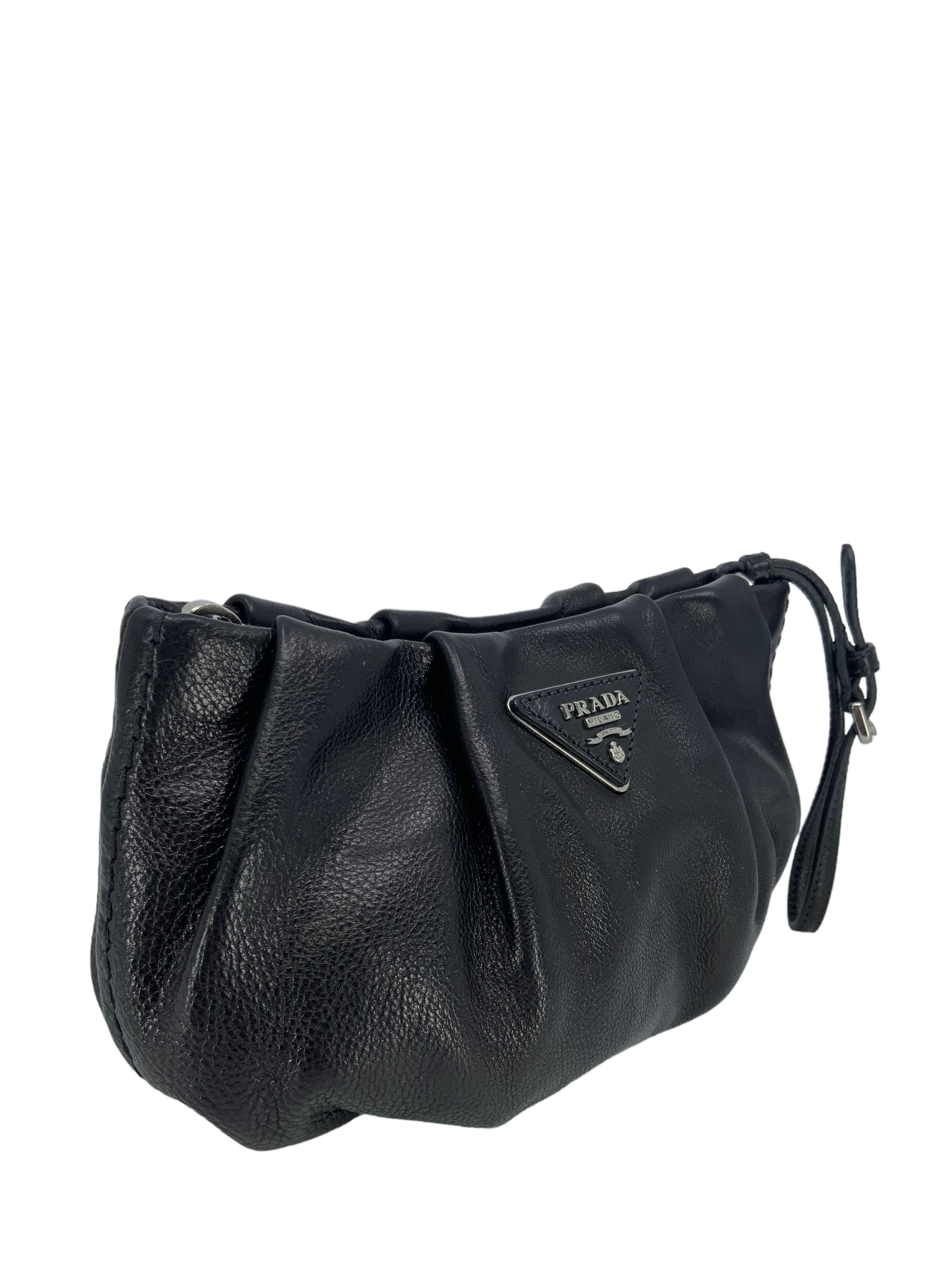 Prada Zip-Top Pleated Leather Wristlet