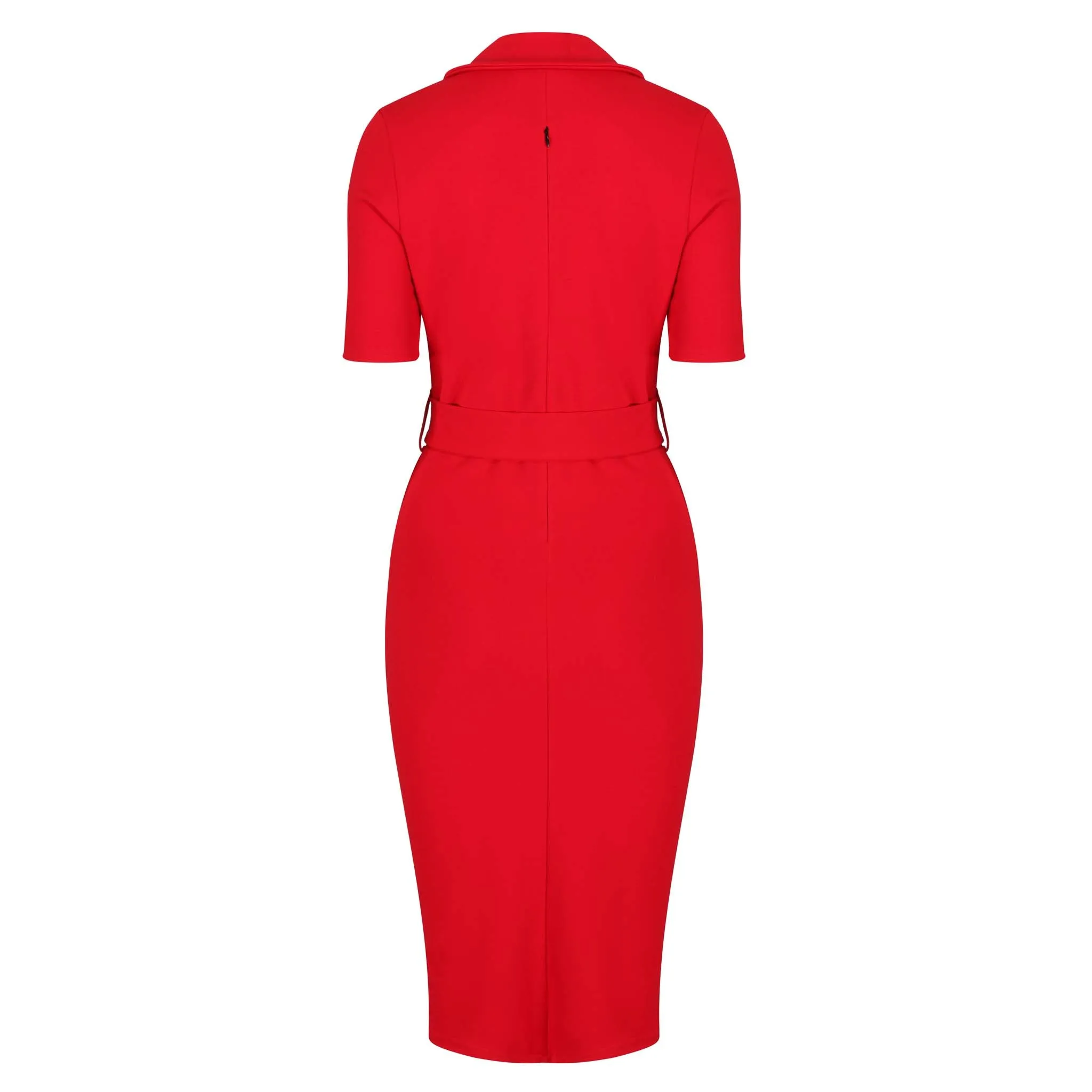 Red Belted Half Sleeve Collared Wiggle Office Dress