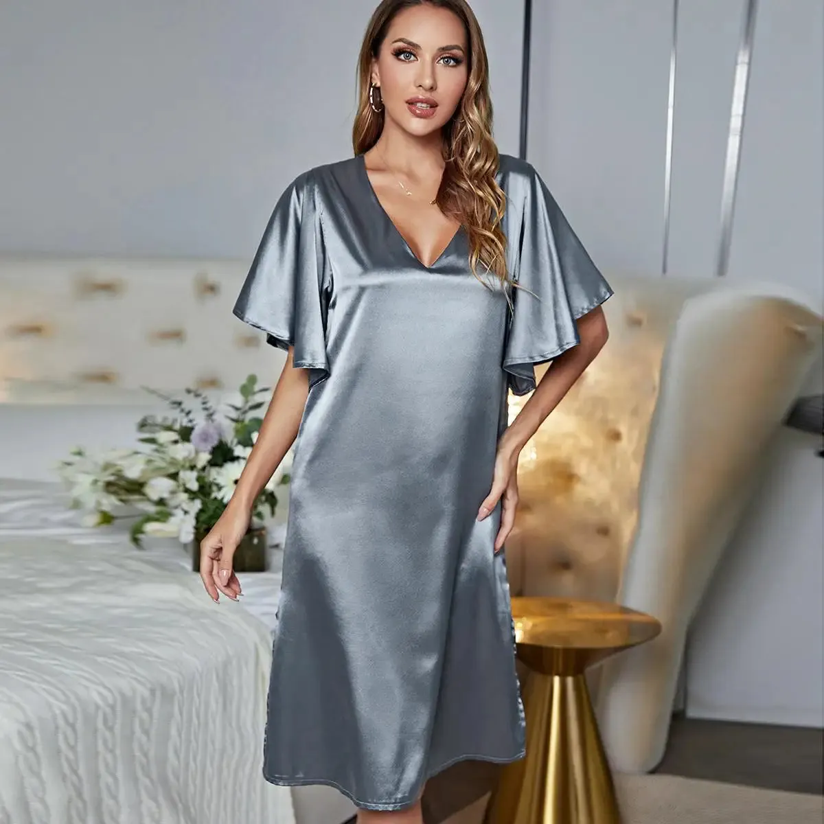 Silk Satin Sleepwear Loose Casual Home Wear Night Dress