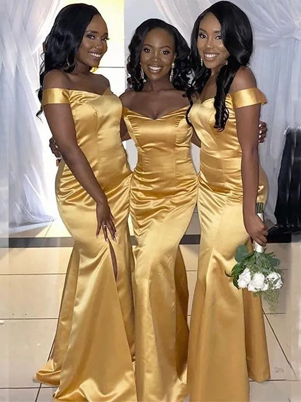 Simple Gold Off the Shoulder Mermaid Satin Long Bridesmaid Dresses with Side Slit, BG406