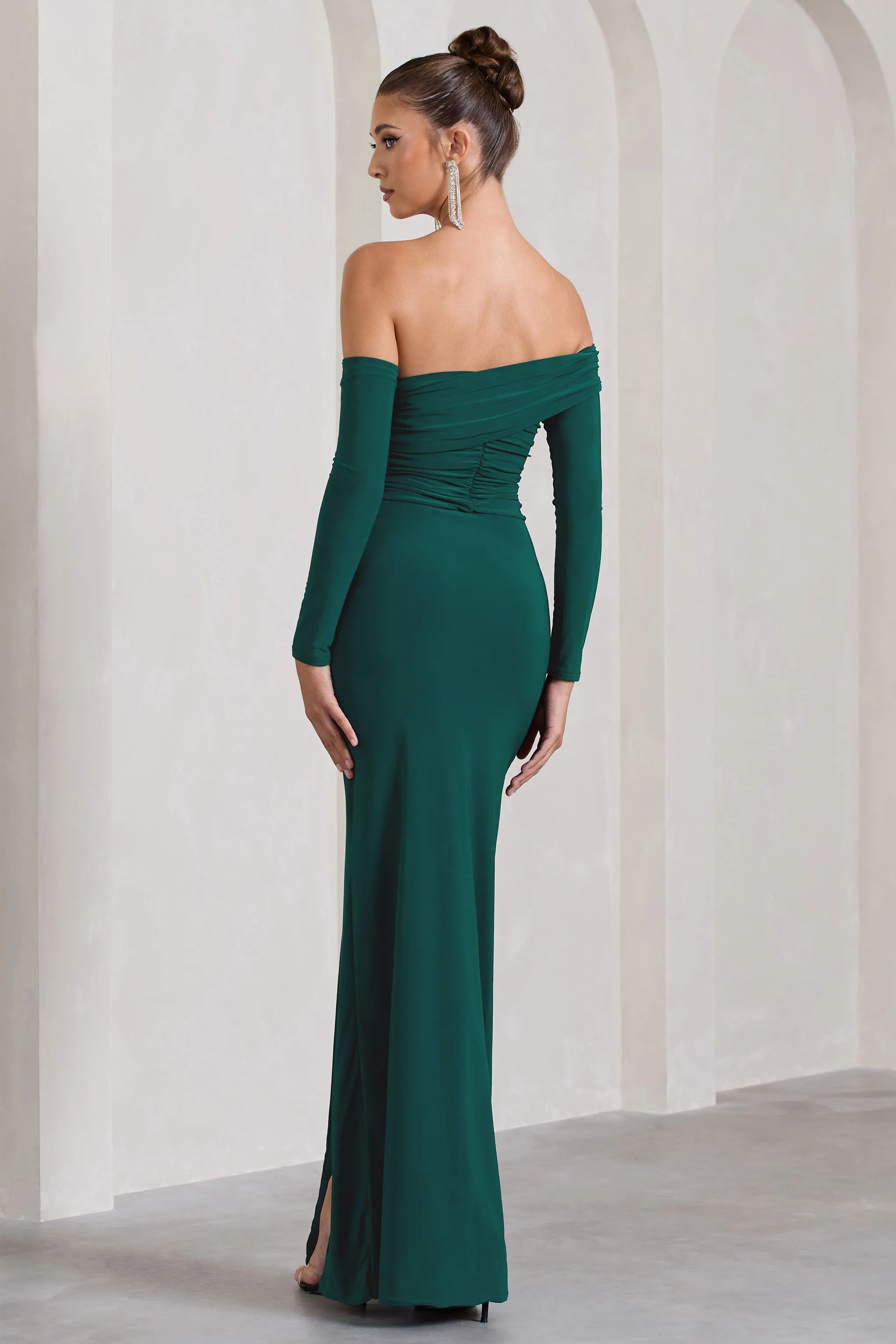 Stand Out | Bottle Green Bardot Long Sleeve Ruched Maxi With Side Split